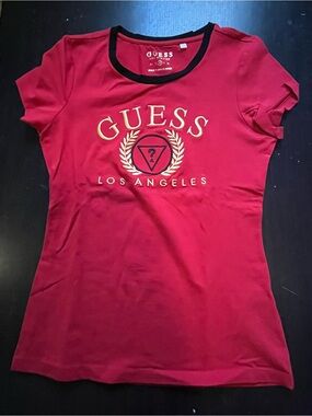 GUESS Red Short Sleeve Tee with Gold Logo and Black Trim